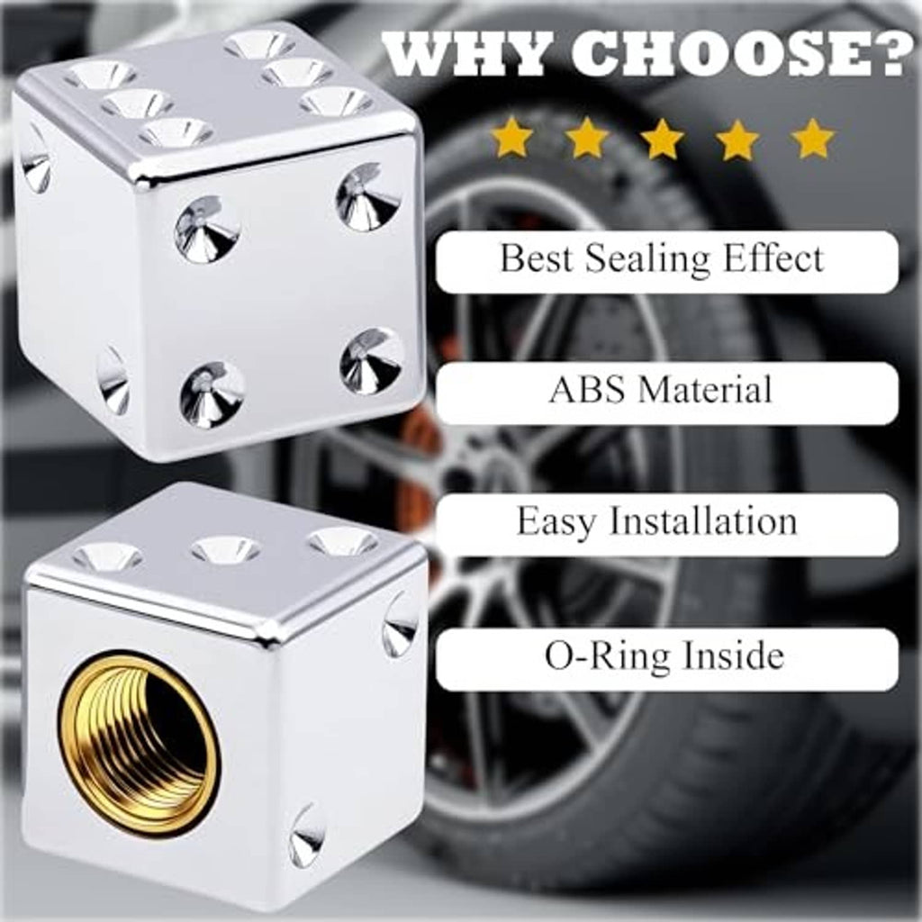 Chrome dice-shaped tire valve stem cap with gold threaded core