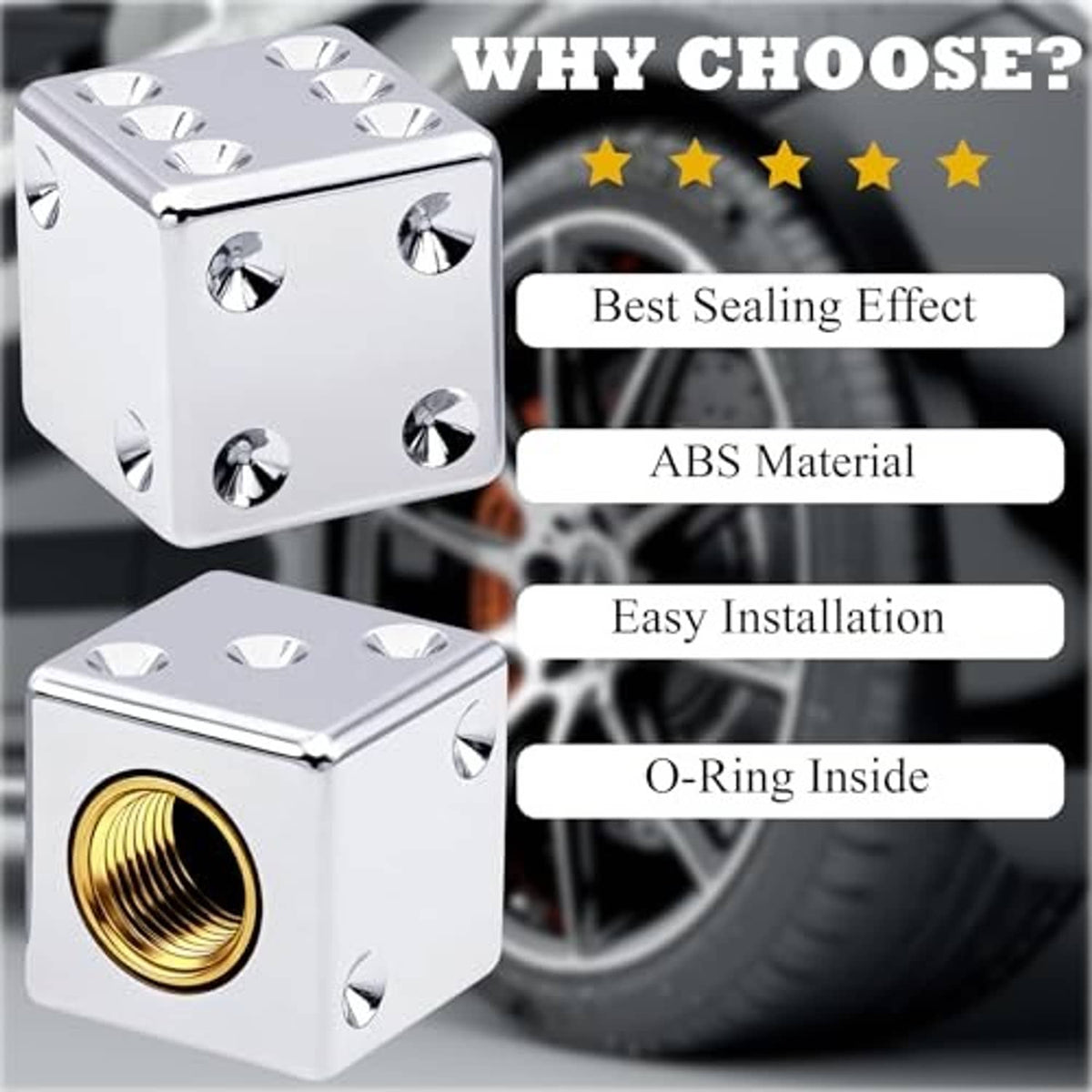 Chrome dice-shaped tire valve stem cap with gold threaded core