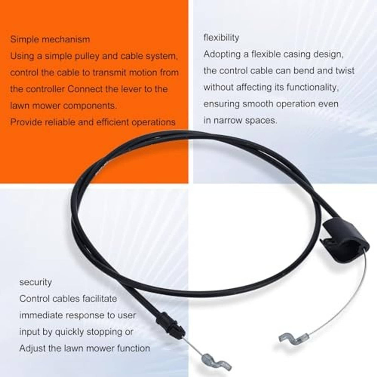 Engine control cable with black casing and looped wire plus connector housing