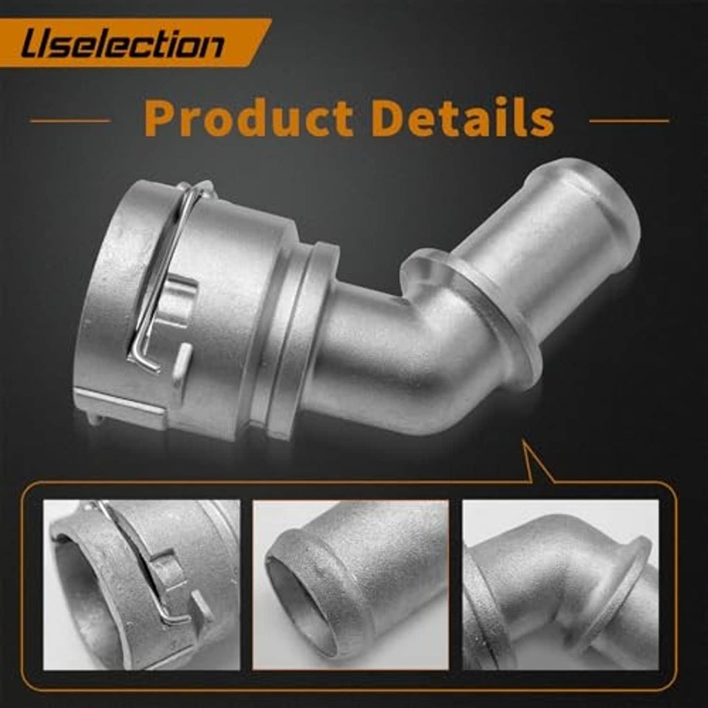 Silver aluminum cooling quick connector elbow with spring clamp; close-up side view
