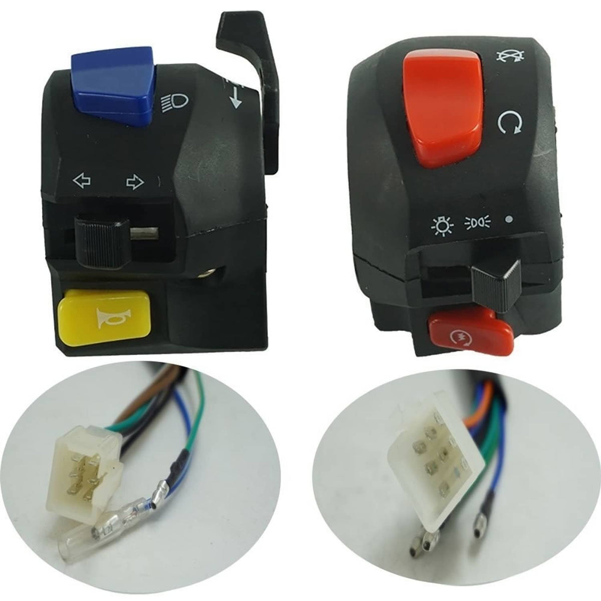 Motorcycle handlebar electrical control switch cluster with blue, yellow, and red buttons