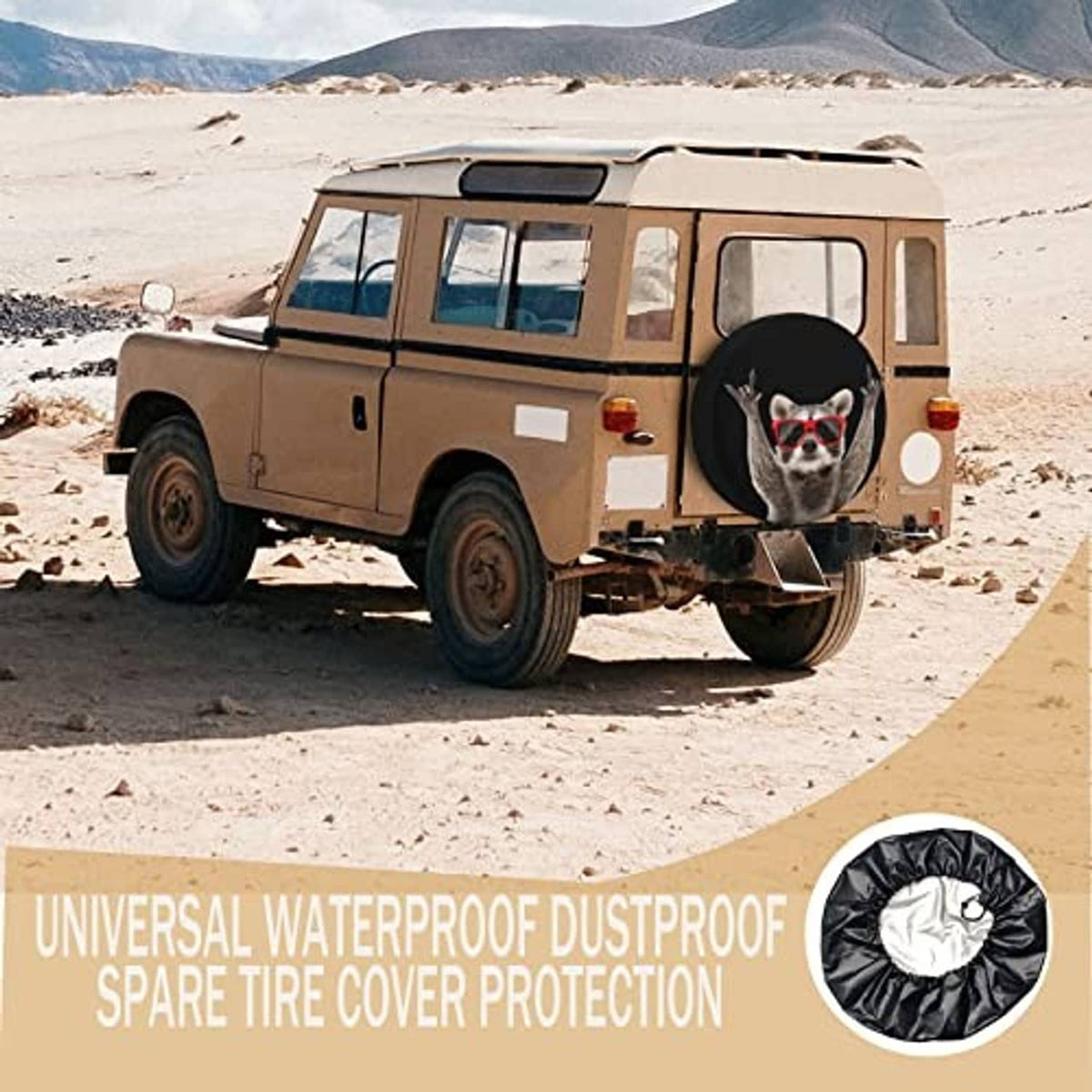 Spare tire cover on vehicle spare wheel with raccoon face in red glasses