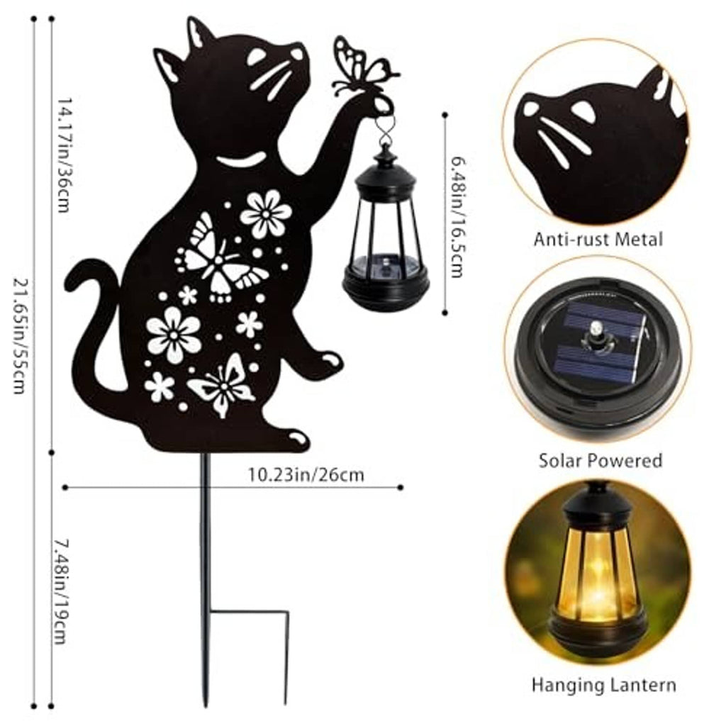 Black cat yard stake with two hanging solar lanterns and anti-rust metal base