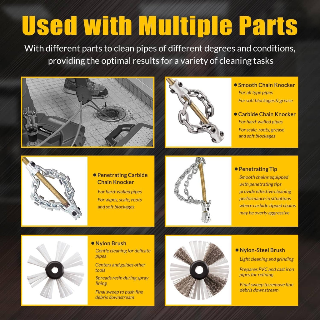 Cable cleaning accessories display: chain knocker, carbide tip, and brush parts