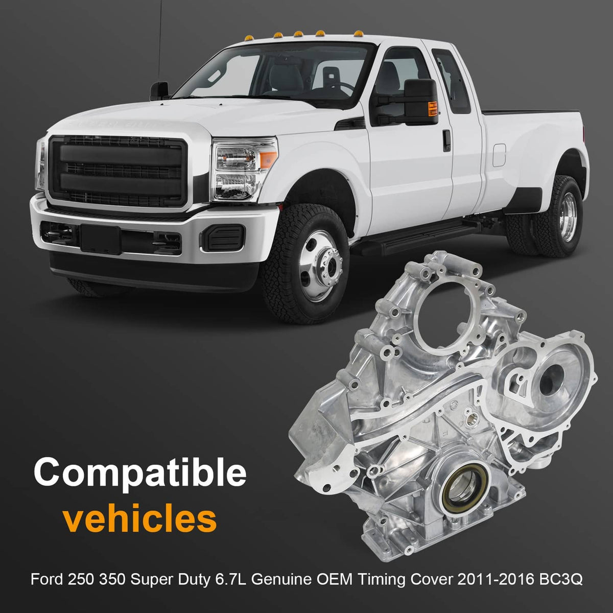 Silver-gray timing cover assembly with round openings and front mounting plate