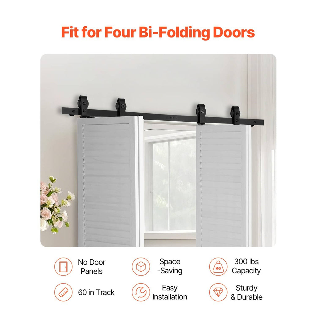 Bi-fold sliding barn door track system mounted over four white door panels