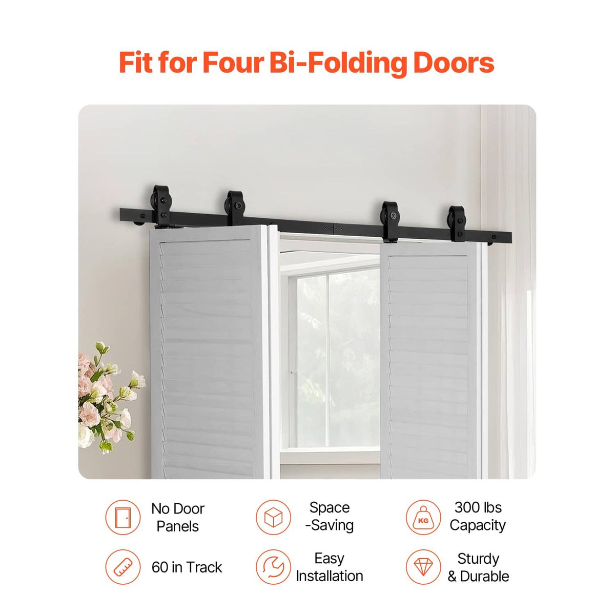 Bi-fold sliding barn door track system mounted over four white door panels