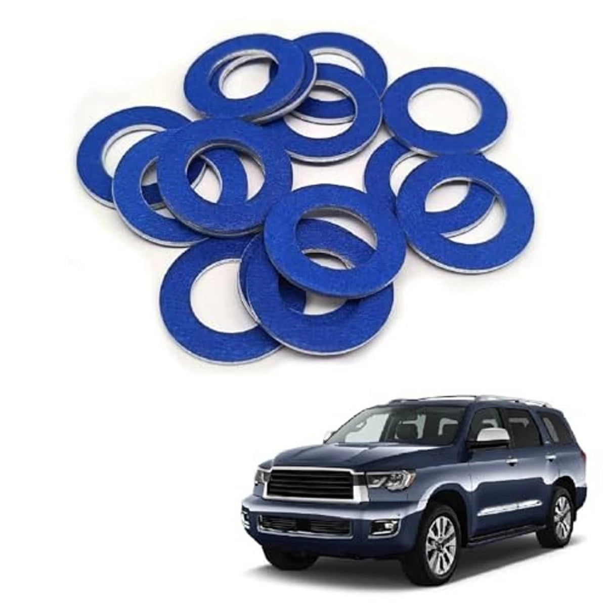 Blue oil drain plug gasket washers with center holes, 15-piece set on white background