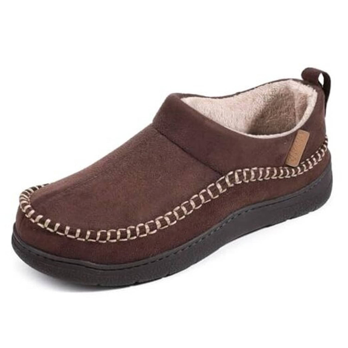 Men’s brown suede moccasin slippers with stitched trim and cushioned dark rubber sole