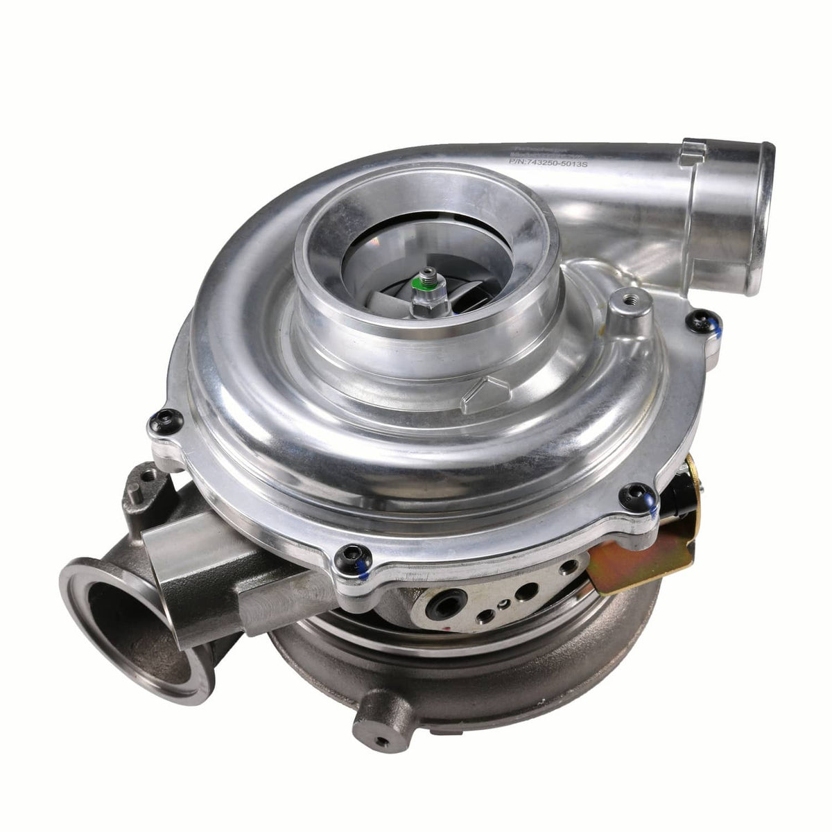 Turbocharger assembly with silver turbine housing and inlet/outlet pipes, GT3782VA