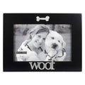 Black wood pet photo frame with bone topper and 'Woof' word detail, 4x6