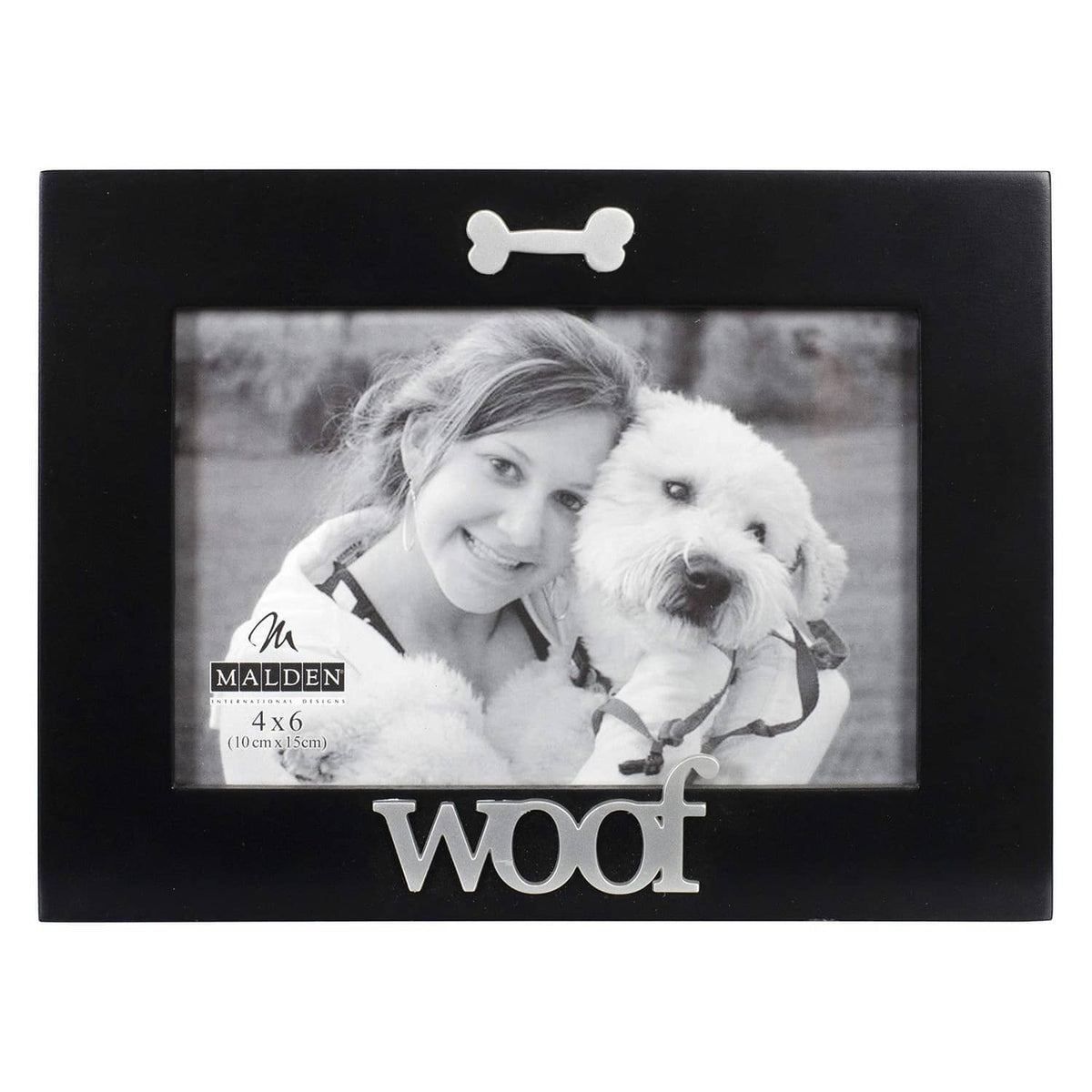 Black wood pet photo frame with bone topper and 'Woof' word detail, 4x6