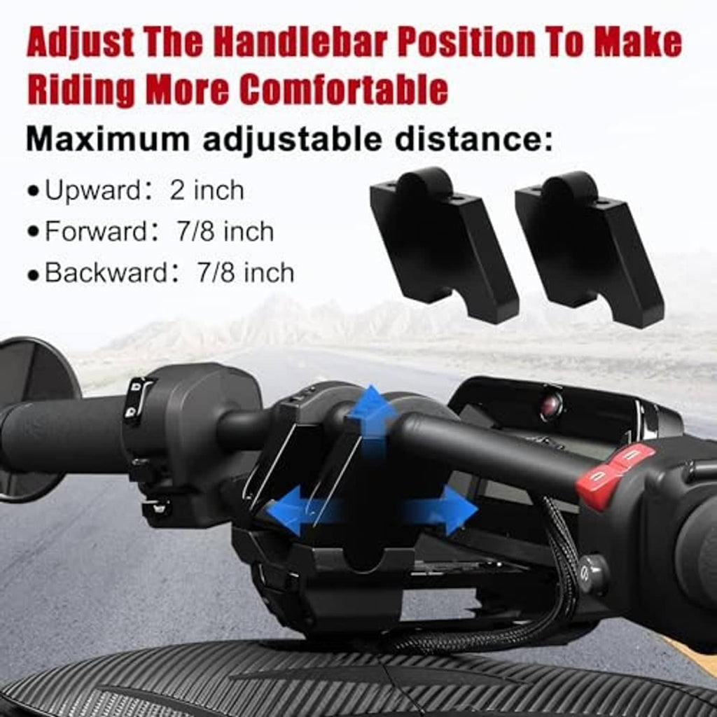 Black adjustable handlebar risers installed on motorcycle handlebars for comfort