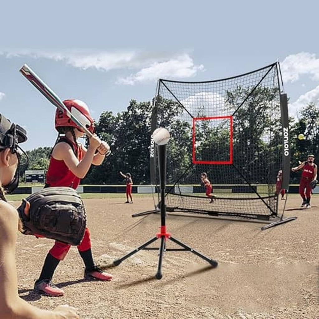 Batting practice net with black frame, white mesh and red square strike target on tripod stand