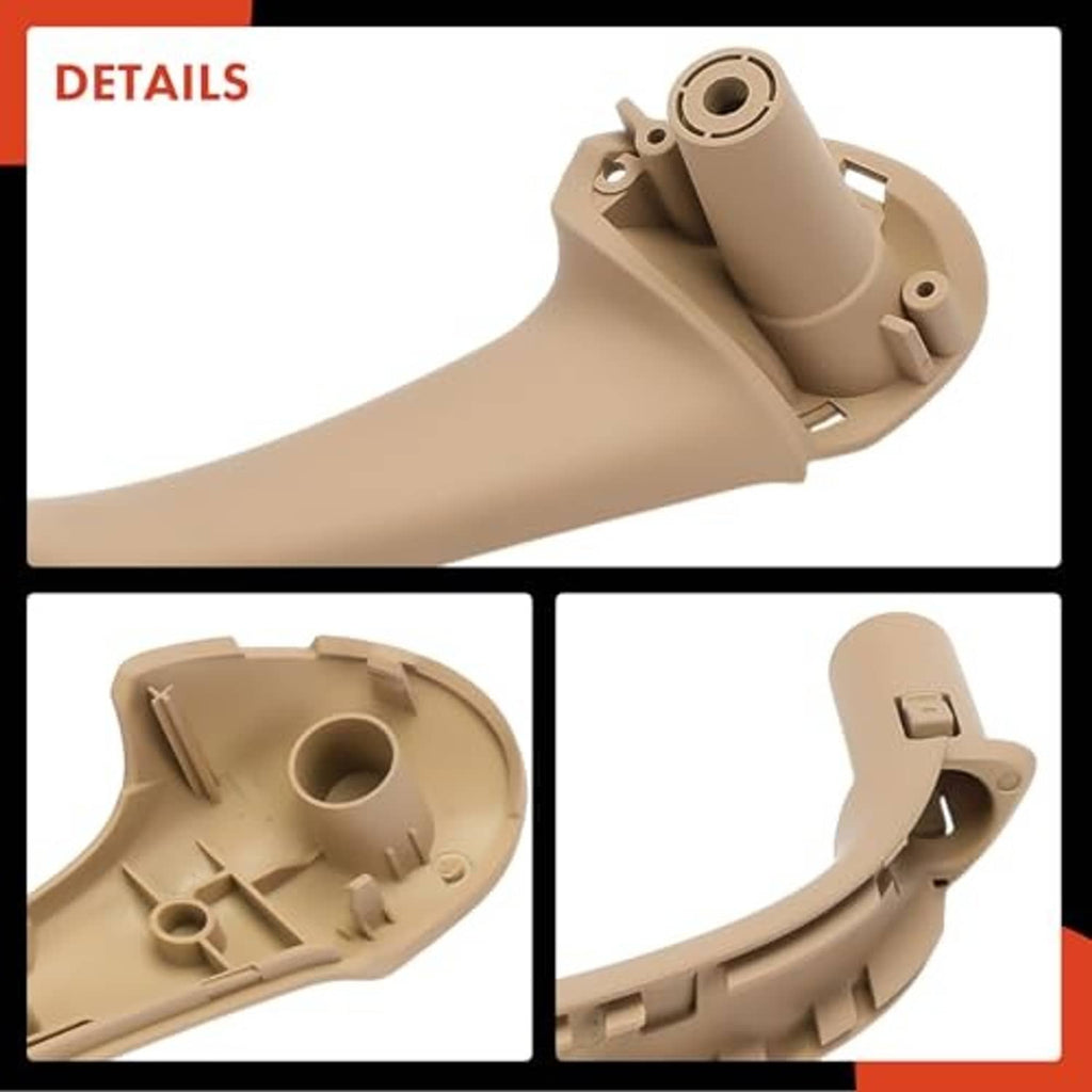 Beige front right passenger door armrest with mounting pegs and cup