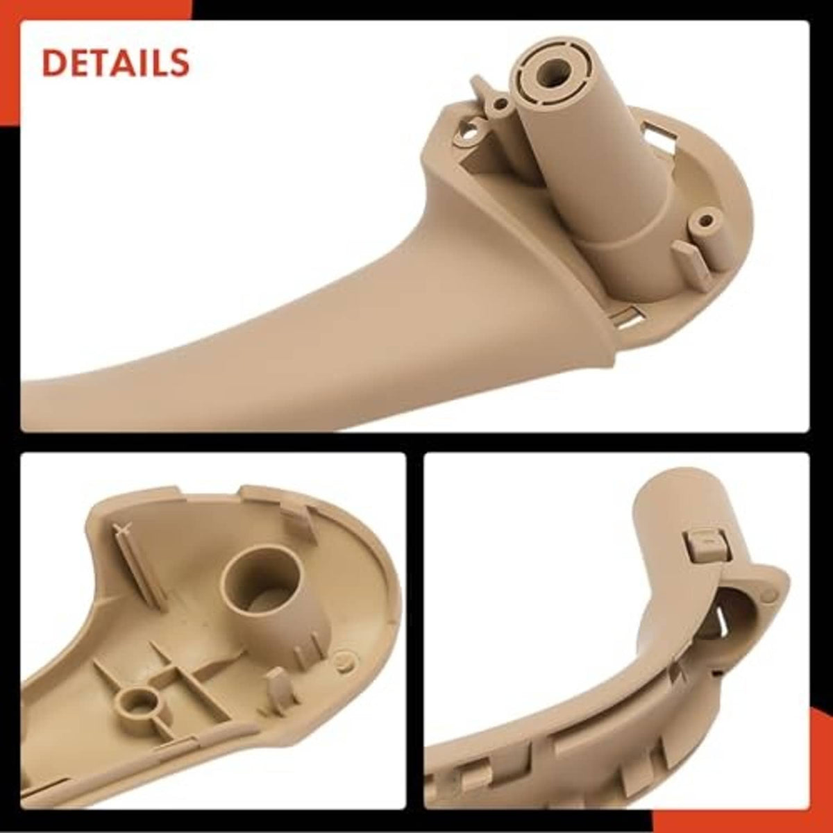 Beige front right passenger door armrest with mounting pegs and cup
