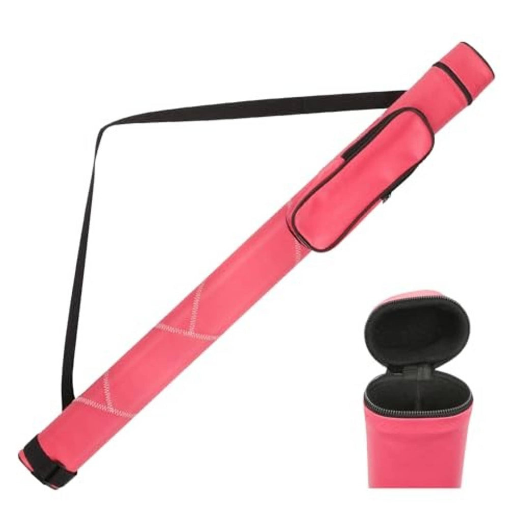 Red billiard cue stick case with black zipper track and padded zip-top end pocket.