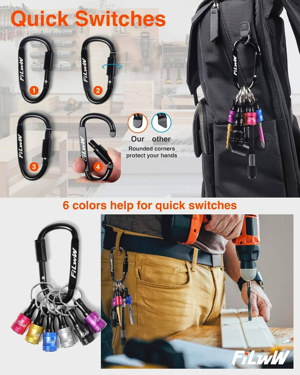 Keychain bit holder set attached to backpack and tools with quick release driver bits