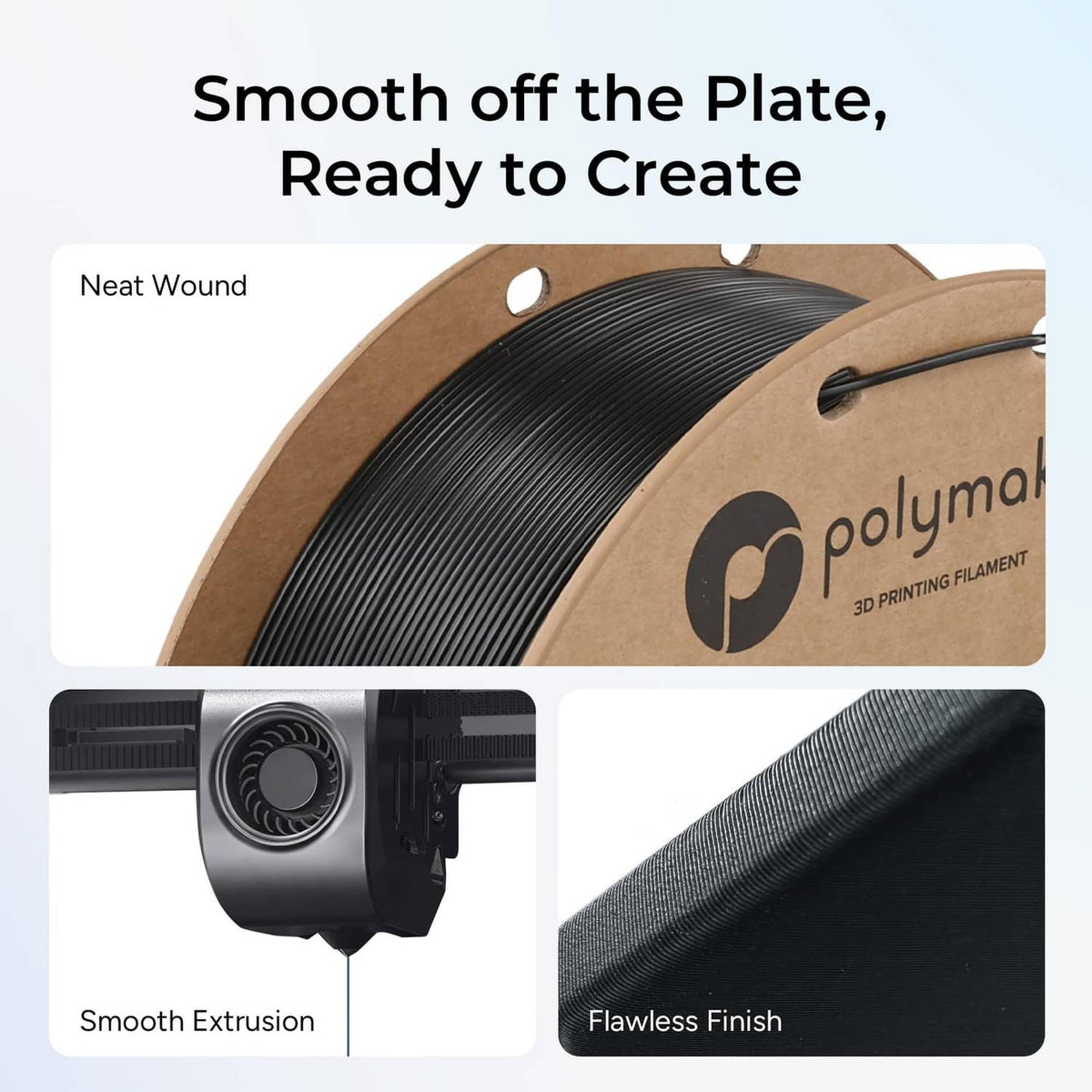 Filament spool with neat wound winding and smooth surface texture