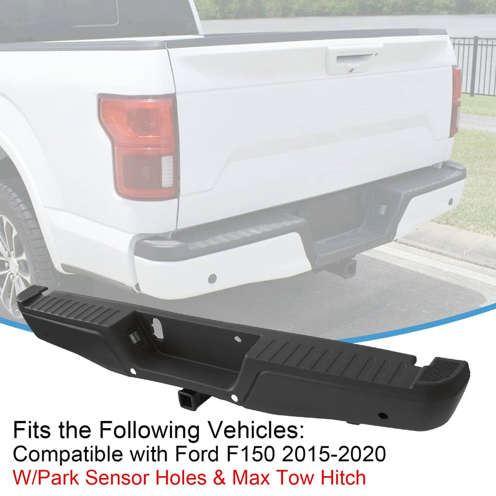 Black rear step bumper assembly with textured surface and sensor/hitch openings