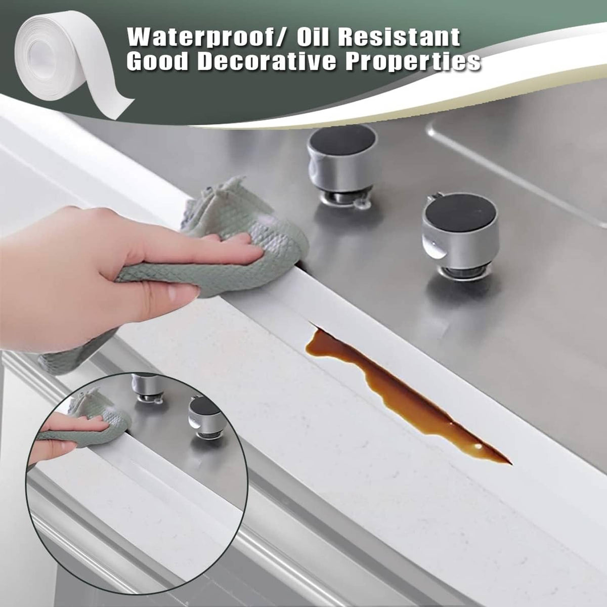White caulk tape roll with applied strip along sink edge to cover gaps