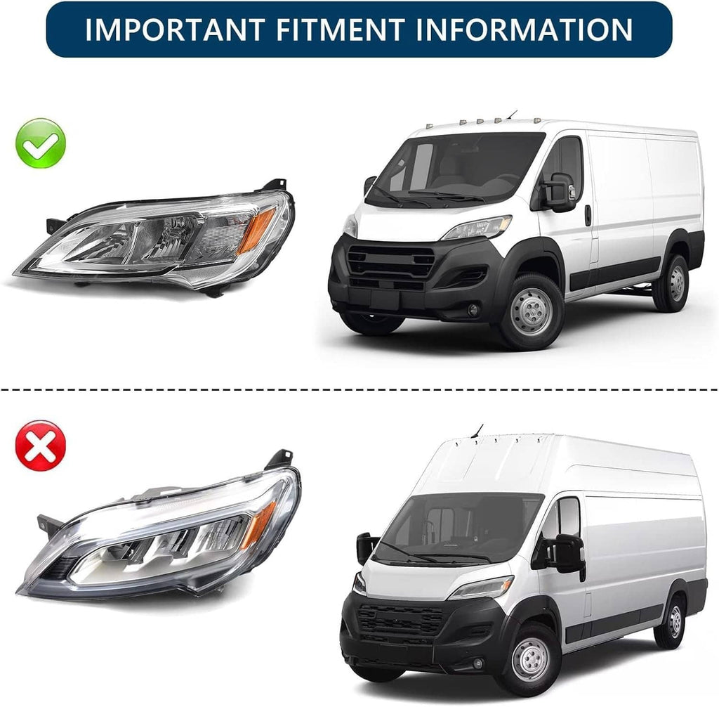 Left halogen headlight assembly shown on a white van, front comparison view.