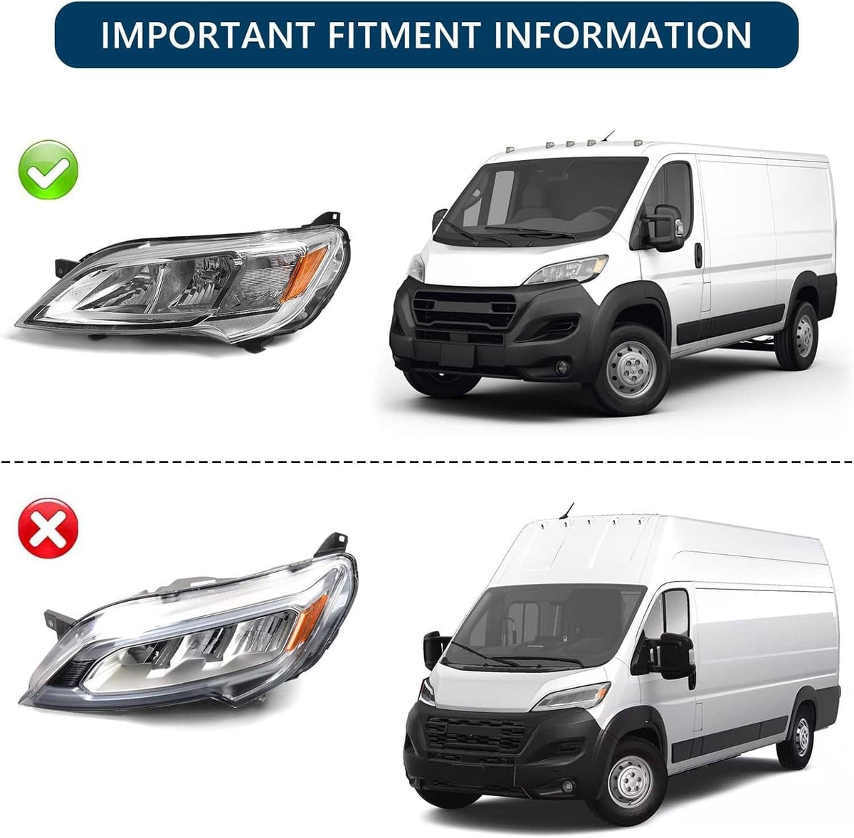 Left halogen headlight assembly shown on a white van, front comparison view.