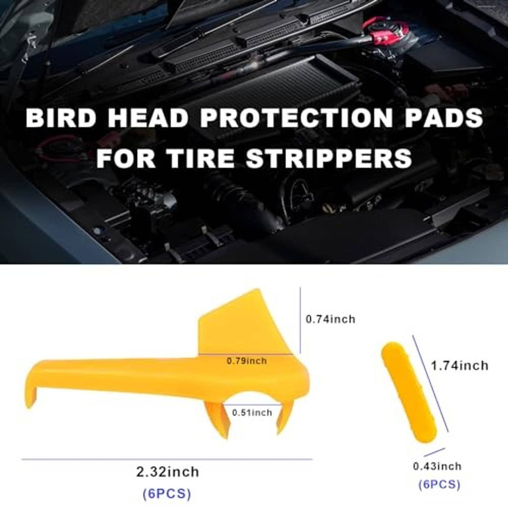 Yellow plastic tire changer insert with forked prongs and protective edge tab