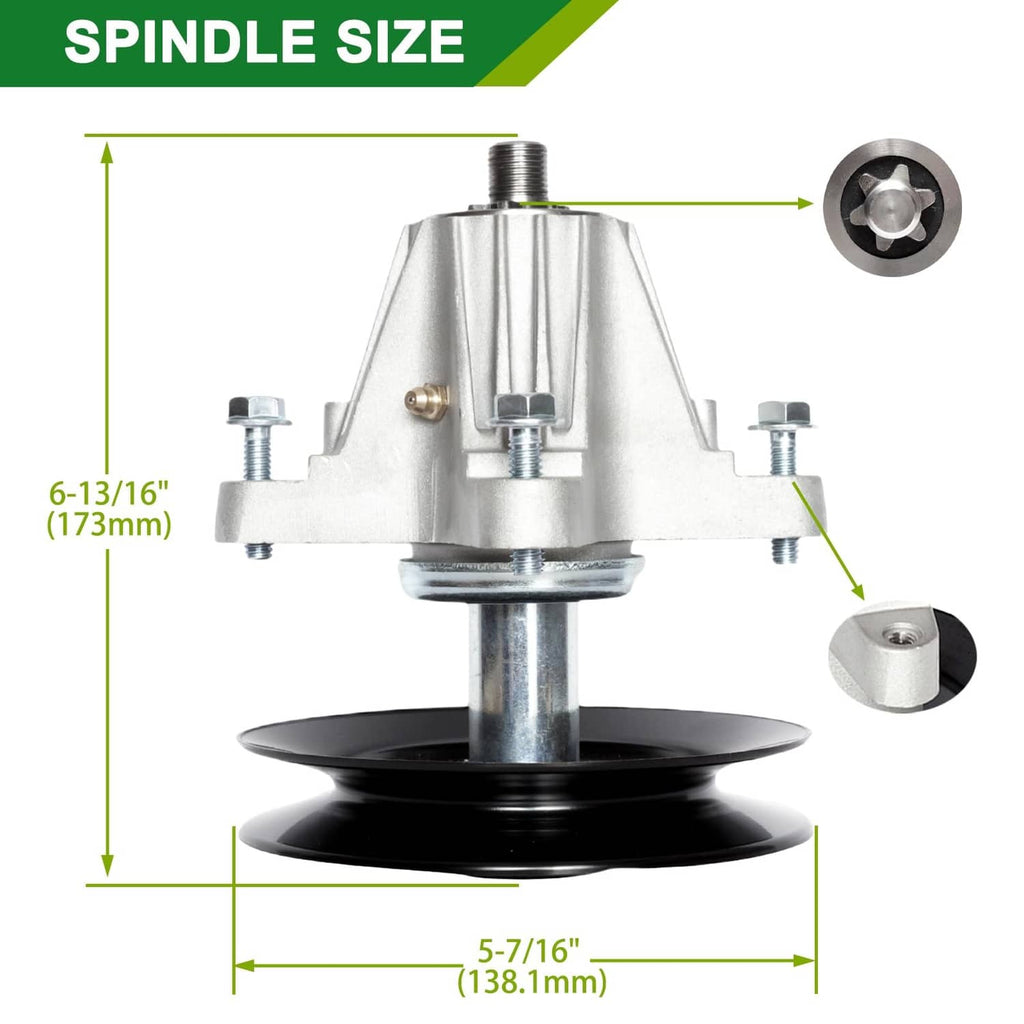 Mower deck spindle assembly with black pulley, showing height and width dimensions