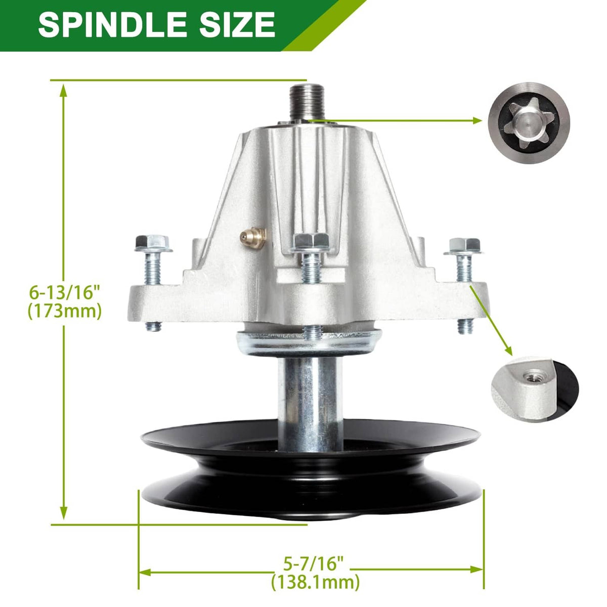 Mower deck spindle assembly with black pulley, showing height and width dimensions