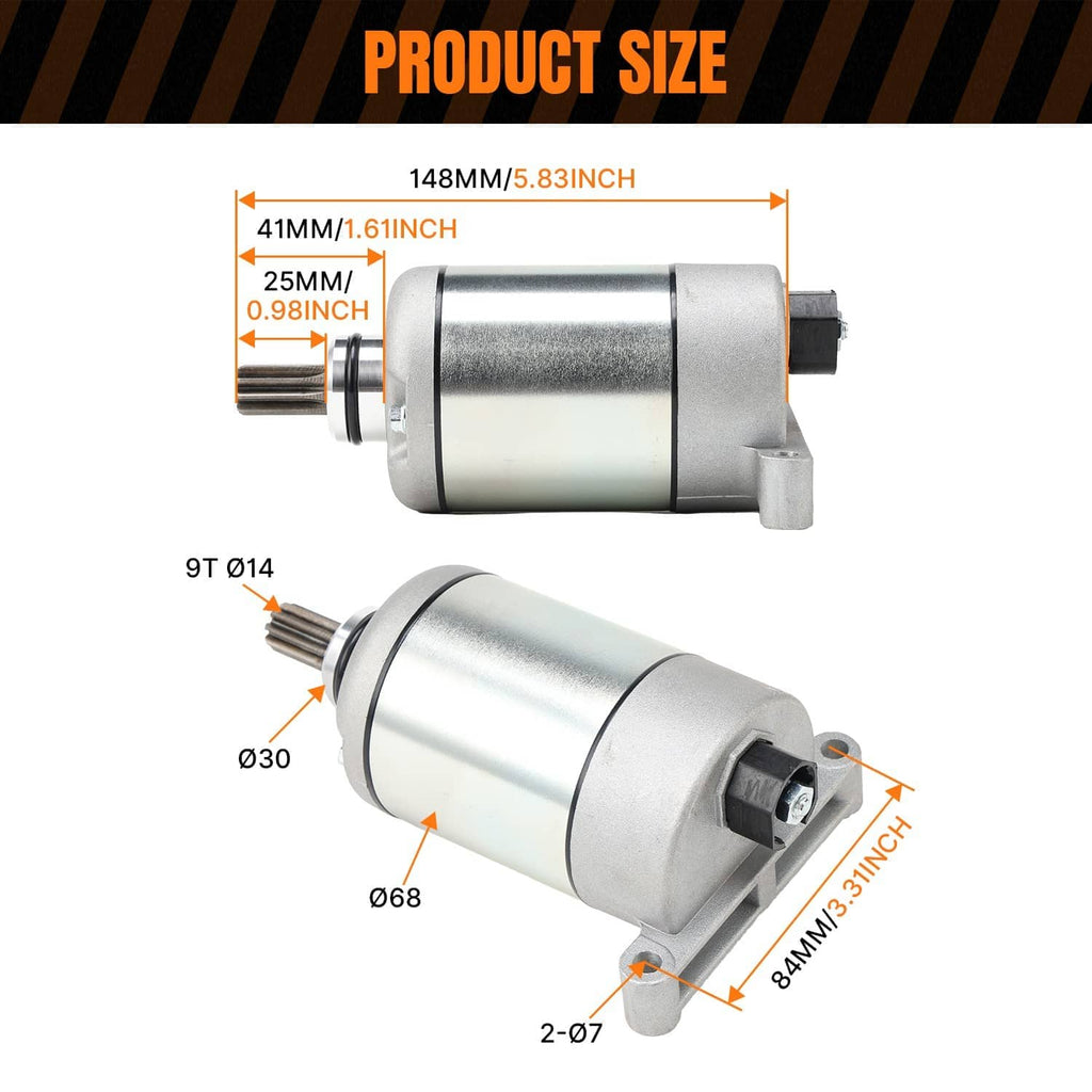 Starter motor assembly with product dimensions diagram and two views on white