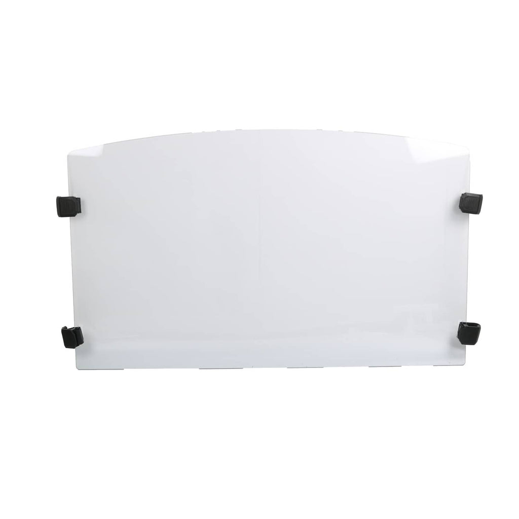 Front windshield panel with black mounting brackets, clear tinted plastic, rectangular fit.