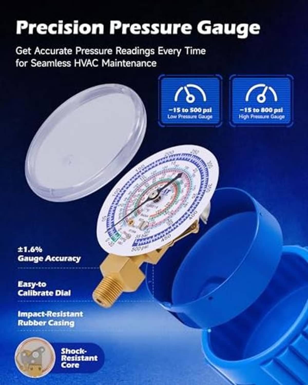 Precision pressure gauge with blue housing, calibrated dial, and clear protective cover