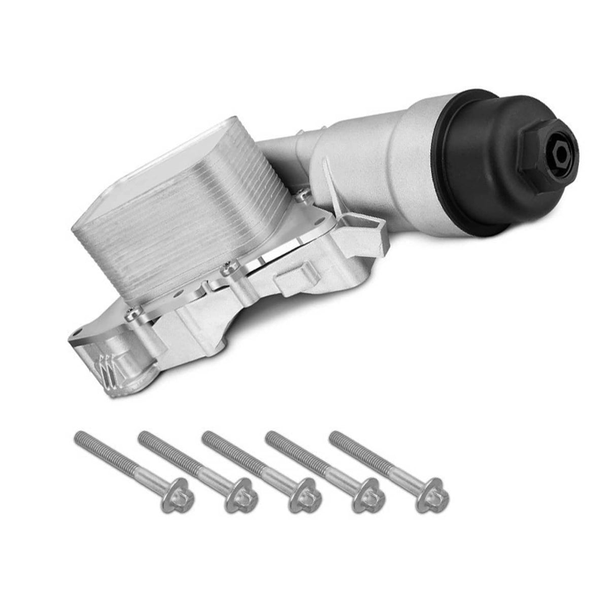 Oil cooler filter housing assembly with aluminum body and black rubber end cap