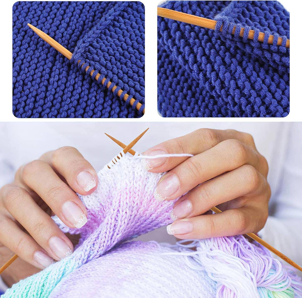 Bamboo double-pointed needles knitting blue textured fabric with needle tips