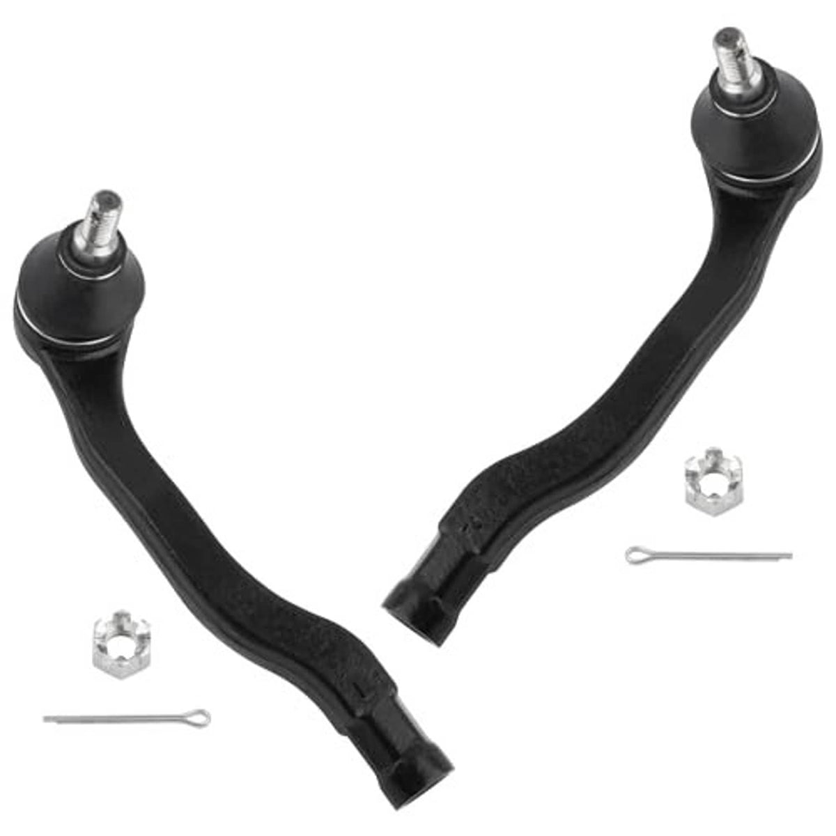 Curved tie rod end with black arm and silver ball joint, plus hex nut and cotter pin