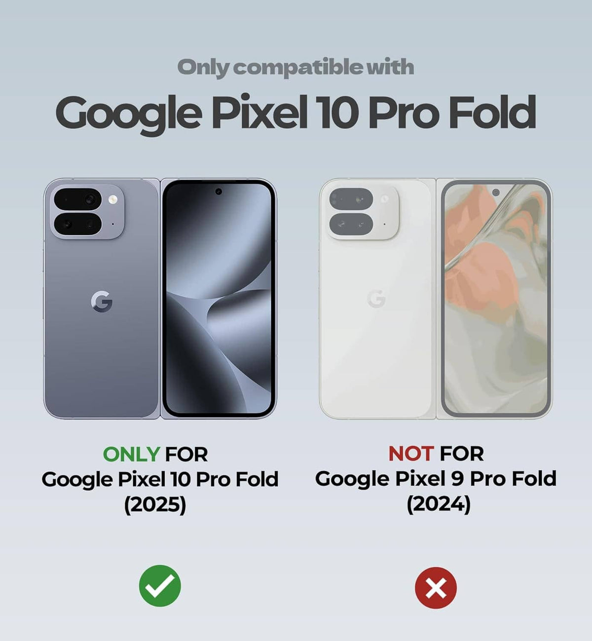 Compatibility graphic showing case works only with Google Pixel 10 Pro Fold