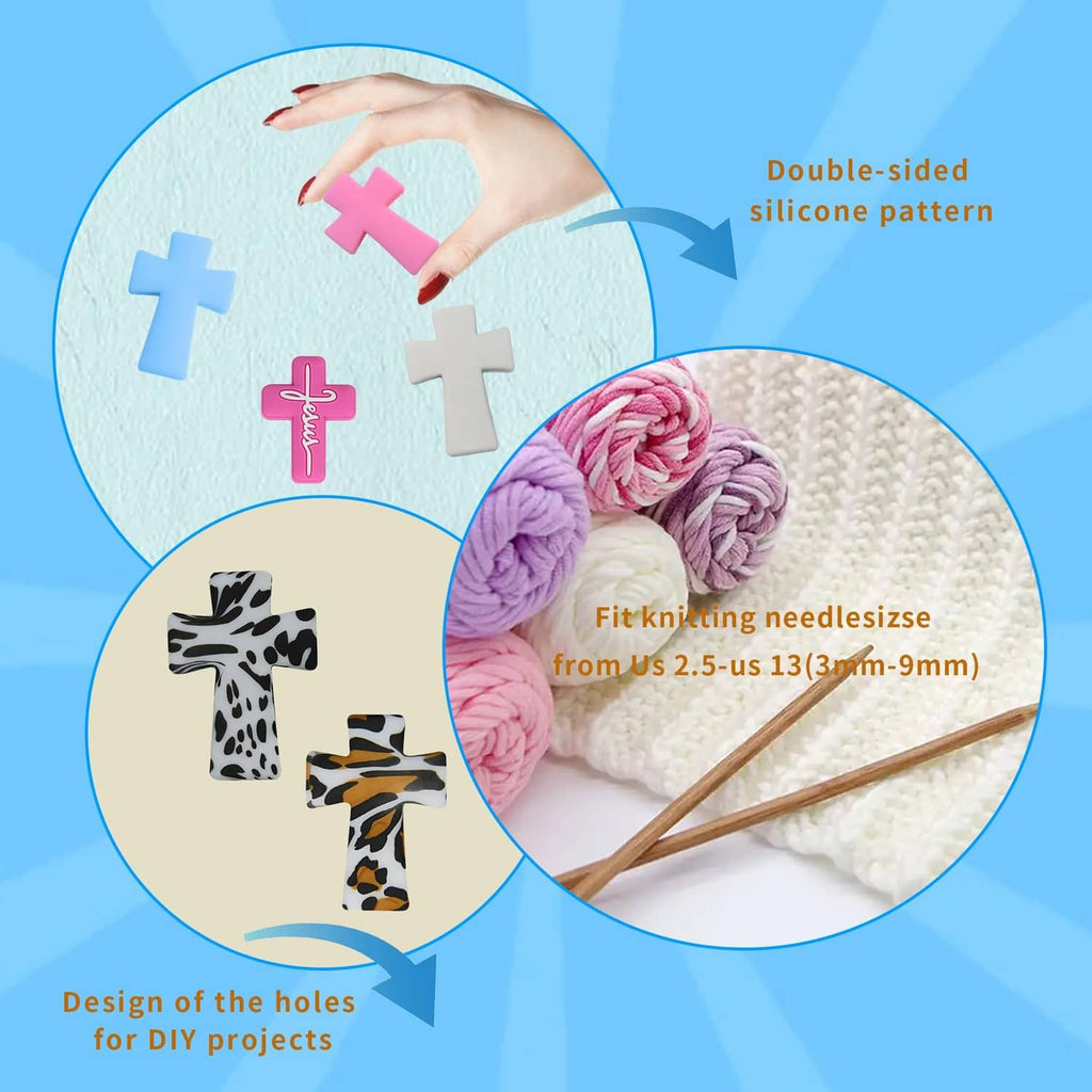 Cross-shaped silicone knitting needle point stoppers in blue, pink, and patterned styles