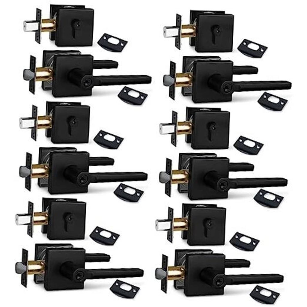 Matte black keyed entry deadbolt lock set with lever handle and keys, 6-pack
