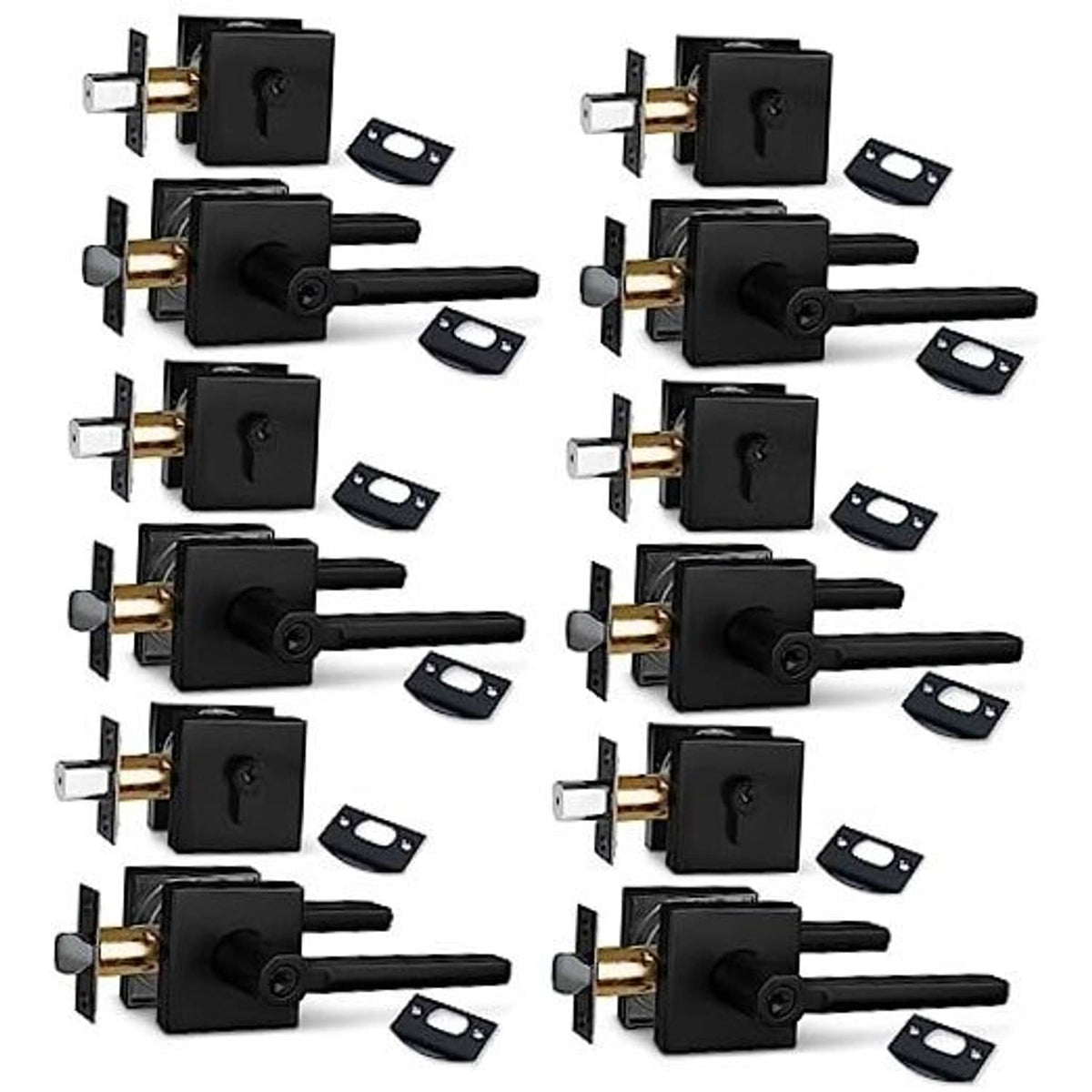 Matte black keyed entry deadbolt lock set with lever handle and keys, 6-pack