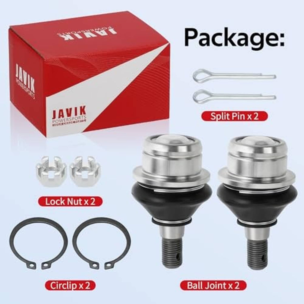 Boxed ball joint kit contents: two ball joints, lock nuts, circlips, split pins