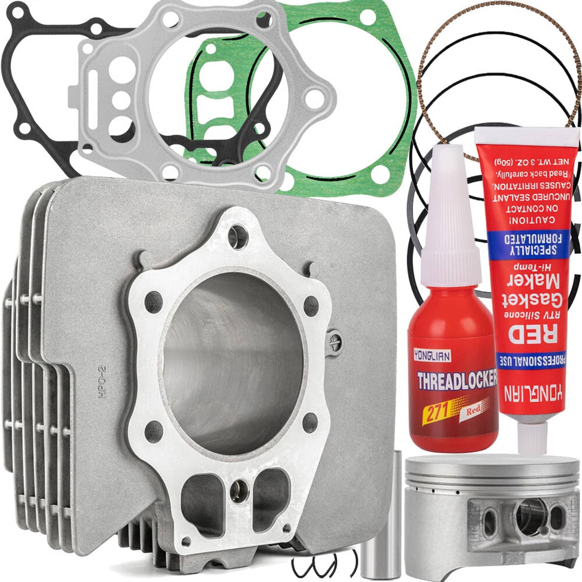 Cylinder and piston gasket top end kit with gaskets, piston rings, and sealant bottles
