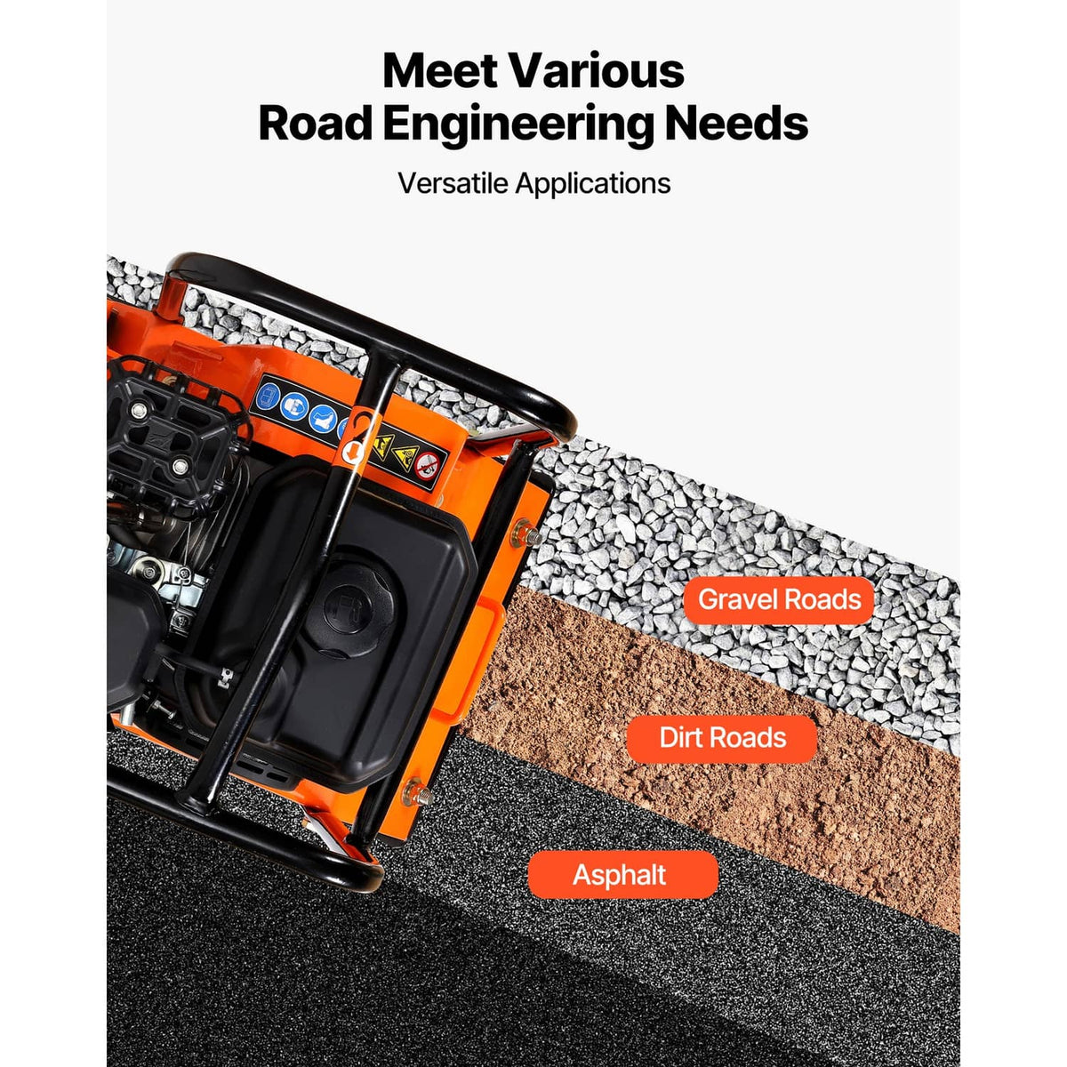 Orange plate compactor rammer viewed from above with gravel and asphalt surface
