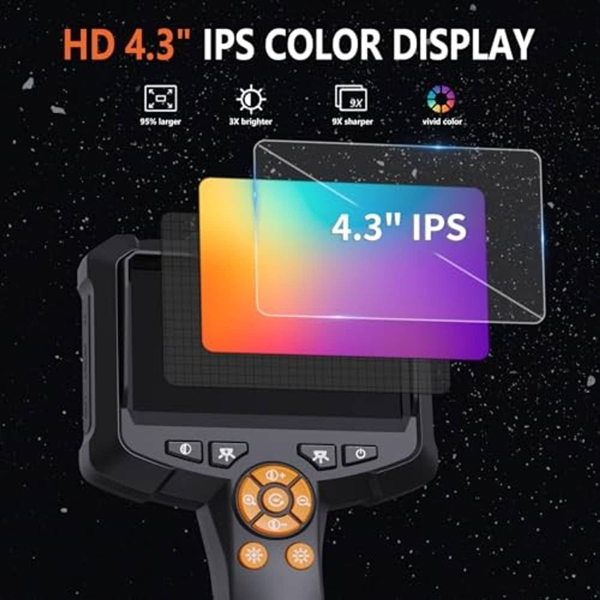 Handheld borescope camera with large color IPS display screen and control buttons