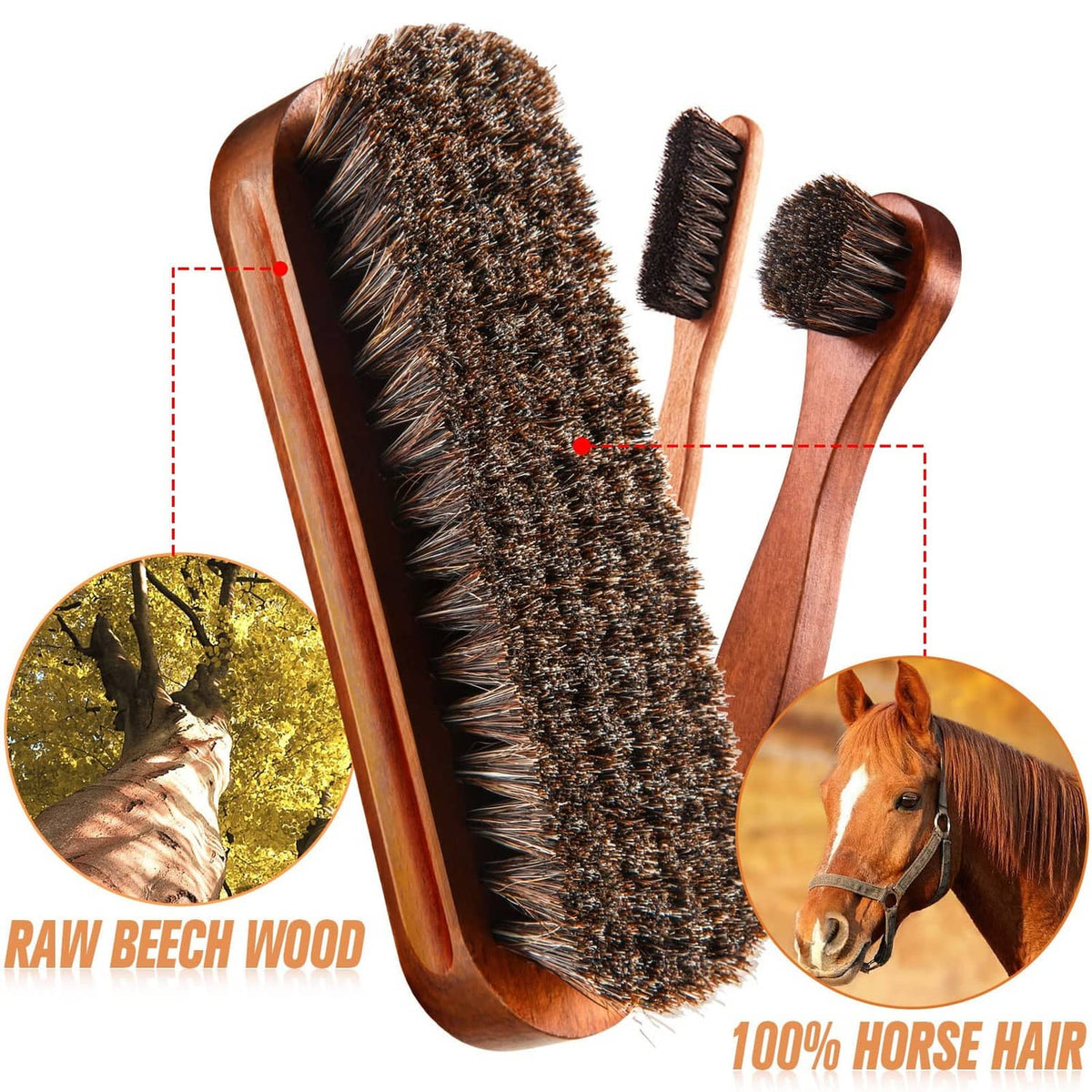 Wood-handled horsehair shoe brushes and two small bristle polish daubers
