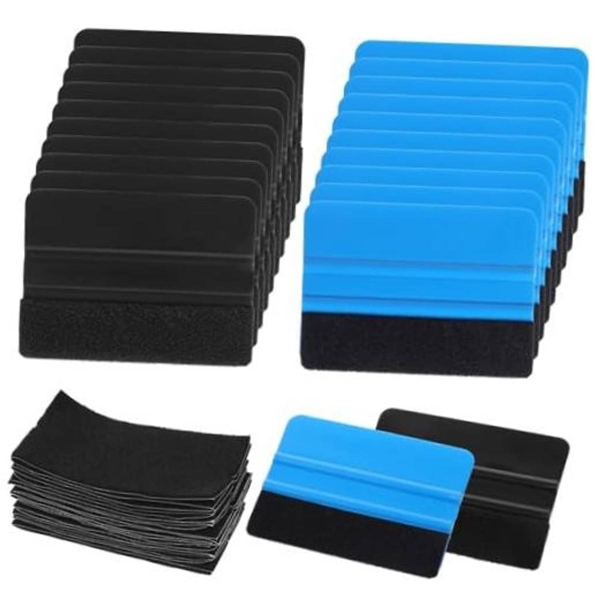 Set of felt fabric vinyl squeegees, blue and black, neatly stacked for decal application.