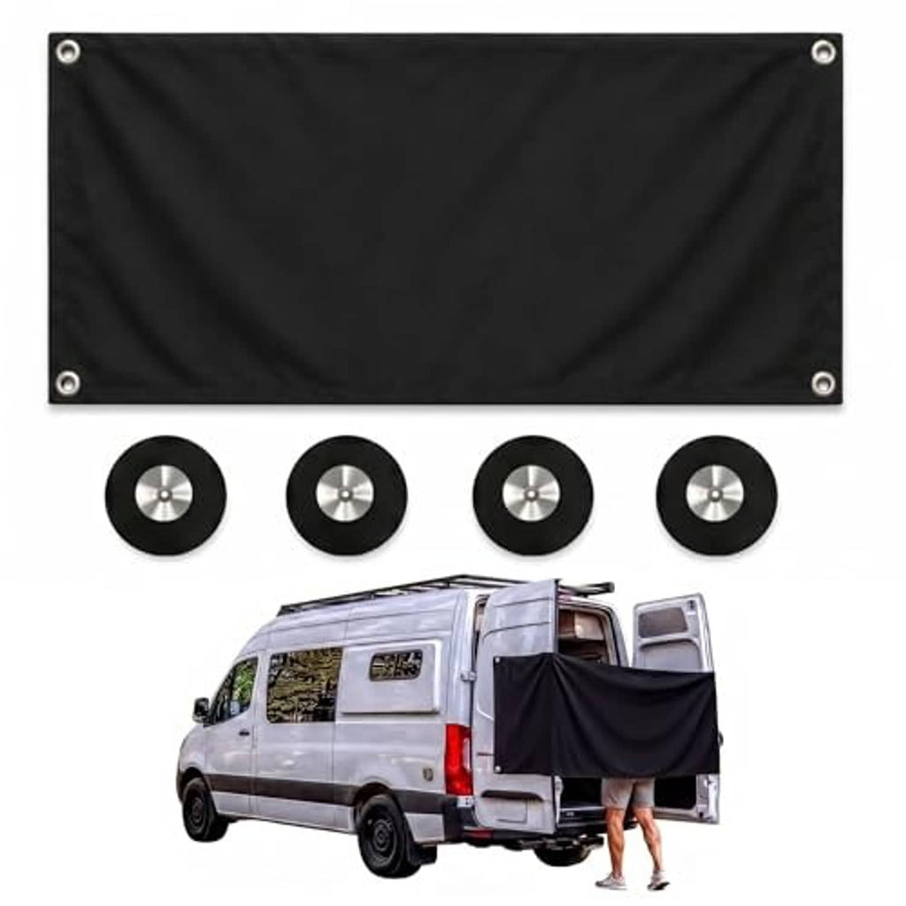 Black rear-door privacy shower curtain with four round magnetic hook bases