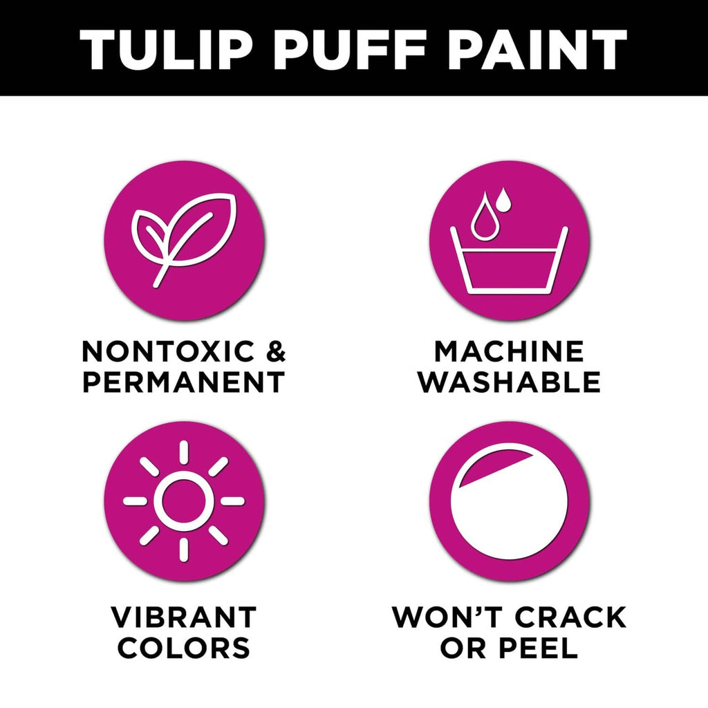 Tulip Puff Paint metallic silver feature icons: nontoxic, machine washable, won’t crack.
