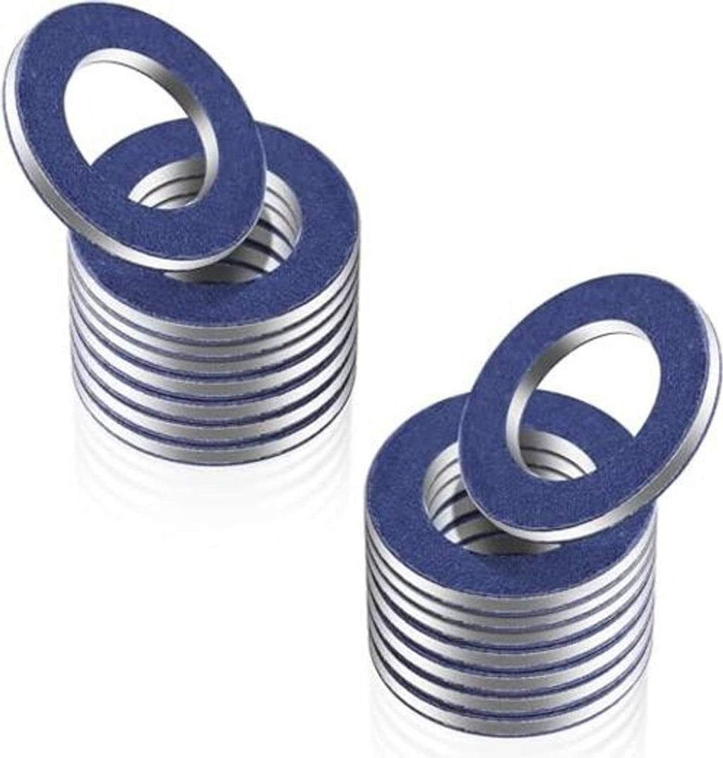 Oil drain plug gasket washers with blue outer seal and silver metal ring, two pieces shown