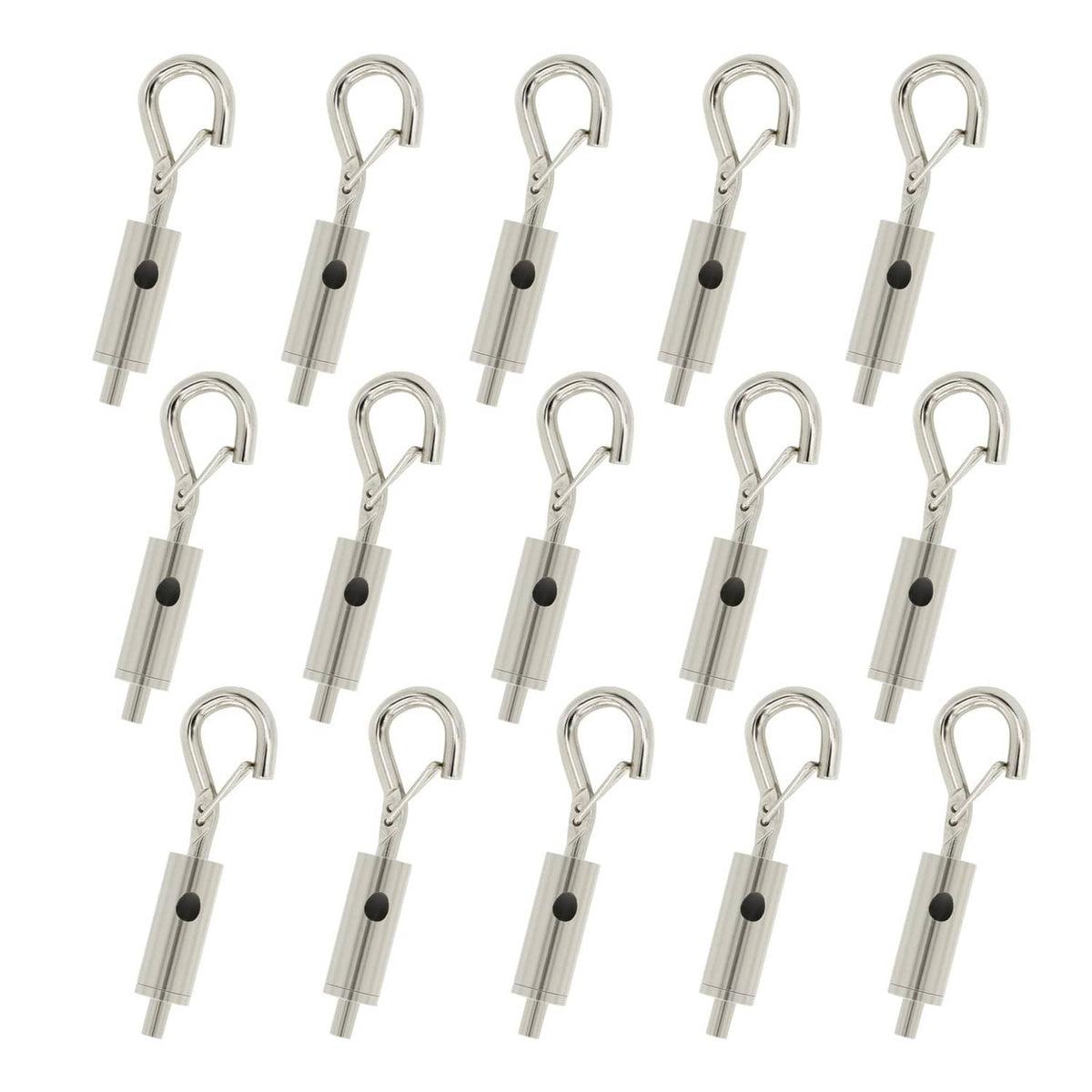 Hook and eye turnbuckle tensioner set with metal loop hooks and gray cylinders